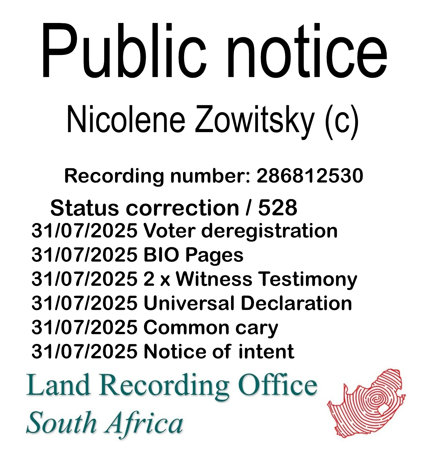 Public notice Nicolene Zowitsky (c) Recording number 286812530
